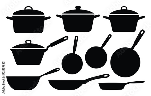 Collection of Black Silhouettes of Cooking Pots and Pans