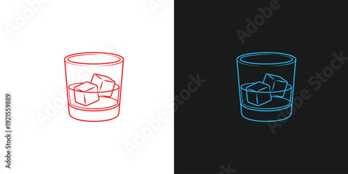 A glass filled with ice cubes is depicted in a simple line drawing on contrasting backgrounds with a clean and minimalist aesthetic from a straightforward viewpoint