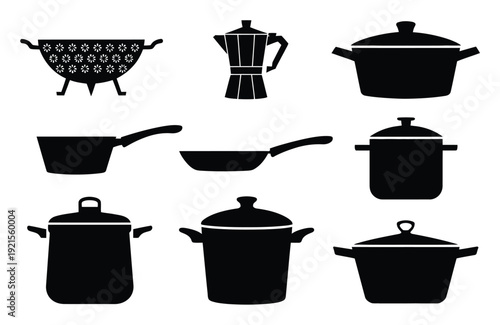 Collection of Silhouetted Kitchenware: Pots, Pans, and Colander