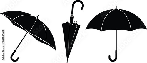 Black umbrella silhouettes set isolated on white background, open and closed rain protection icons, classic weather accessory collection for design and branding use