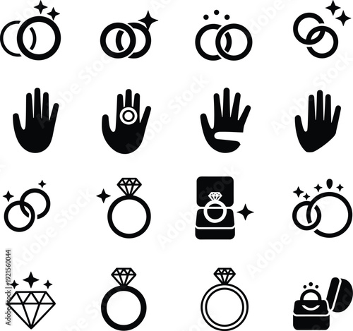 Black vector icon set featuring engagement rings wedding bands diamond jewelry and hands for marriage proposals bridal fashion jewelry store branding and celebration events