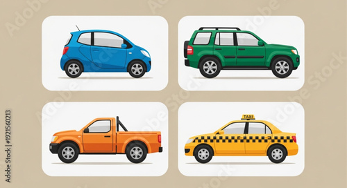 Collection of four different types of cars illustrated.