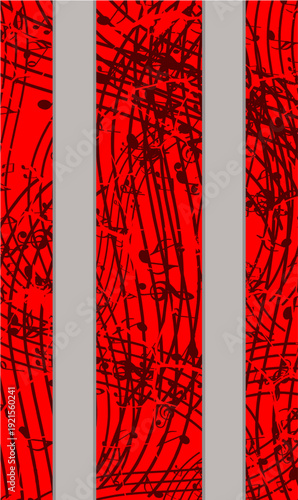 AN ABSTRACT MUSICAL NOTATION PATTERN FEATURING CURVED STAVES, MUSICAL NOTES, AND CLEFS DRAWN WITH A ROUGH BRUSHSTROKE STYLE