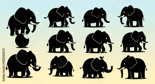 Collection of Elephant Silhouettes in Various Poses.