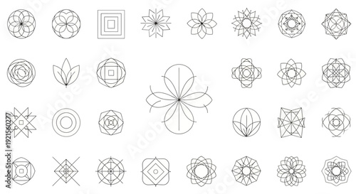 Collection of Geometric and Floral Line Art Symbols.