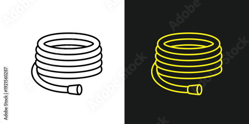 A coiled garden hose with a nozzle is depicted in a simple line drawing style on a contrasting background from two different viewpoints.