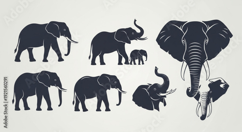 Collection of Elephant Silhouettes in Various Poses.