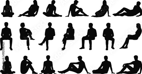 Black vector silhouette set of diverse people sitting on chairs and floor in various relaxed poses for architectural visualization interior design and lifestyle branding,