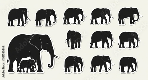 Collection of Elephant Silhouettes in Various Poses.
