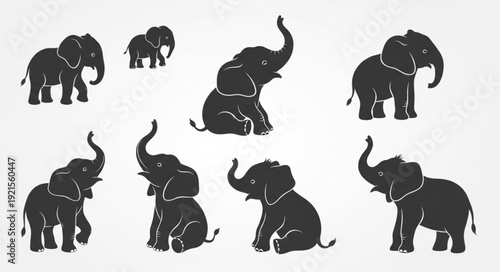 Collection of Elephant Silhouettes in Various Poses.
