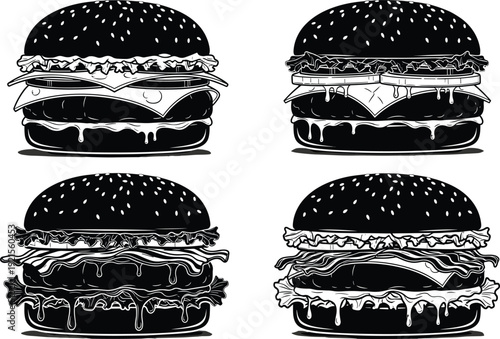 Black vector silhouette set of gourmet beef burgers with cheese lettuce and sesame buns for fast food restaurant menus cafe branding and culinary design