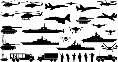Military vehicle silhouettes , helicopters, fighter jets, tanks, submarines, warships, drones, trucks, soldier icons isolated collection vector black and white