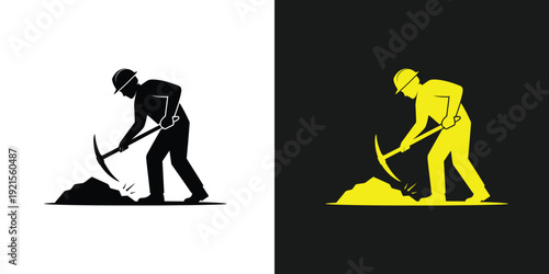 Silhouetted figures digging with pickaxes against contrasting backgrounds, illustrating labor and industry in a simple, graphic representation