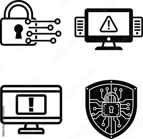 Cybersecurity icons set with lock alert shield and computer screen