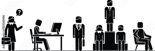 Business hierarchy and workplace roles illustrated with stick figure people icons showing leadership, employees, office work, career progression, teamwork, and professional organization concepts
