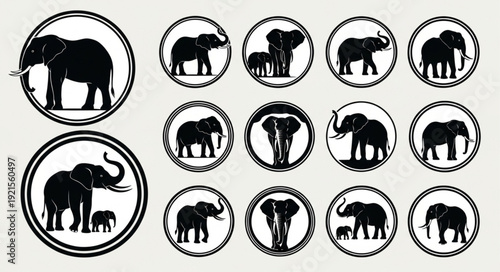 Collection of Elephant Silhouettes in Circular Frames.