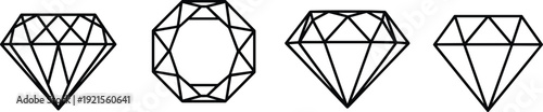 Diamond gemstone outline icon collection vector illustration featuring luxury crystal shapes, jewelry symbols, geometric line art, minimal flat design, isolated precious stone icons