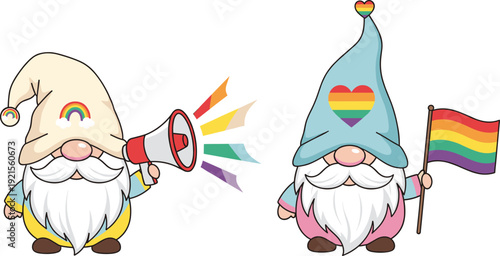 Cute Pride Gnome Characters Vector Illustration with Rainbow Flag and Megaphone, LGBTQ Love and Equality Cartoon Design Isolated on Background