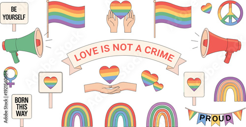 Love Is Not a Crime LGBTQ Pride Icon Set with Rainbow Flags, Hearts, Megaphones and Equality Symbols, Inclusive Celebration Vector Collection