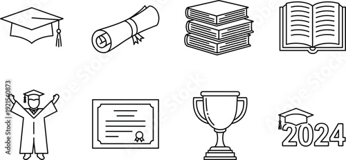 Education graduation line icon set vector illustration featuring diploma, books, trophy, certificate, academic symbols, outline style, isolated learning icons