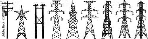 Electric power transmission tower silhouette illustration set showing utility poles and high voltage pylons, black vector icons for energy, electricity, and infrastructure design