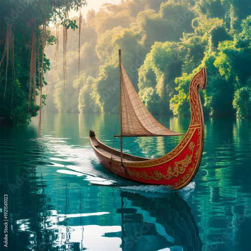 Traditional Asian wooden sail boat.