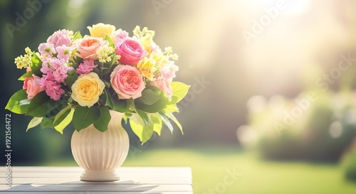 Happy mother's day bouquet of pink and yellow roses and flowers in vase
