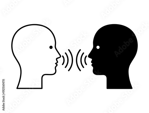 Speak symbol voice icon set, human head with sound wave, linear and solid style