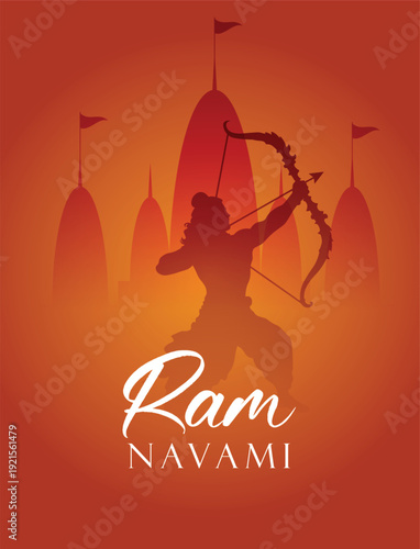 Ram Navami Hindu festival poster with lord Ram and temple vector illustration