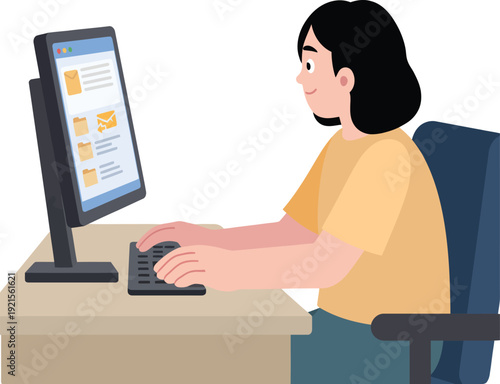 Female office employee working on computer with email interface and document folders on screen at wooden desk