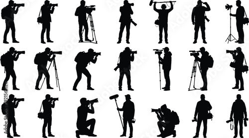 Photographer and videographer silhouettes collection isolated on white background, camera operators with tripod, boom microphone, professional media production illustration set.