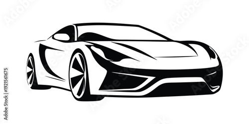 Black and white vector illustration of a sleek modern sportscar featuring dynamic minimalist line art design