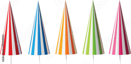 Colorful Party Hats Vector Set with Striped Cone Birthday Caps in Red, Blue, Orange, Green and Pink for Celebration Design