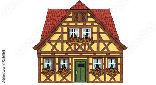 A charming traditional European-style house with a vibrant red roof and green door, surrounded by festive window boxes, viewed from the front.