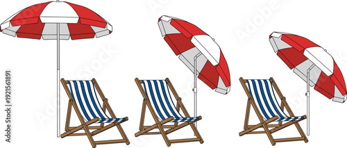 Beach Umbrella and Wooden Deck Chair Vector Set with Different Angles, Summer Seaside Relaxation Furniture Illustration for Travel and Vacation Design