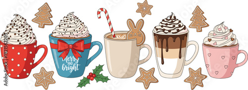 Christmas Hot Chocolate and Coffee Mug Set with Whipped Cream, Gingerbread Cookies and Candy Cane, Cozy Winter Holiday Vector Illustration