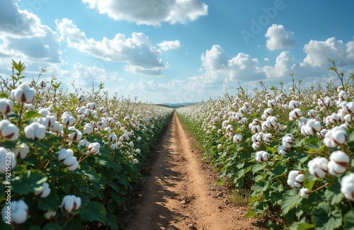 Wallpaper Mural Vast cotton field under bright sky. Rows of white cotton bolls grow on green plants. A dirt path leads through the farmland towards the horizon. Sunshine illuminates the scene. Torontodigital.ca