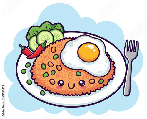 Cute cartoon nasi goreng with fried egg chili and vegetables