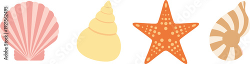 Sea Shell and Starfish Vector Icon Set with Scallop, Spiral Shell and Nautilus, Minimal Beach Summer Collection for Coastal Decoration Design