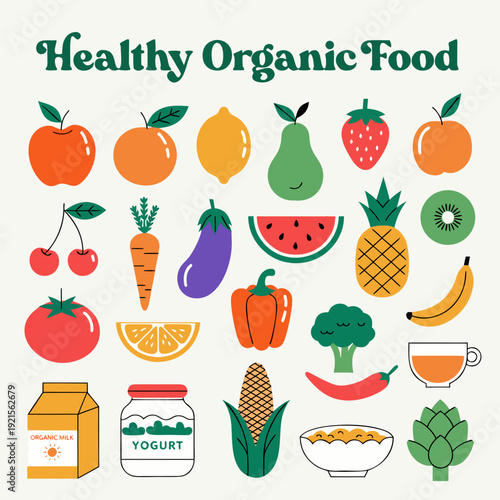 A colorful illustration of various healthy organic foods