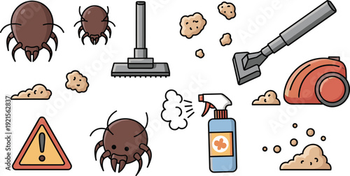 Dust mites and cleaning equipment set, flat vector illustrations with microscopic allergy parasites, vacuum cleaner, disinfectant spray and dust particles isolated on white background.