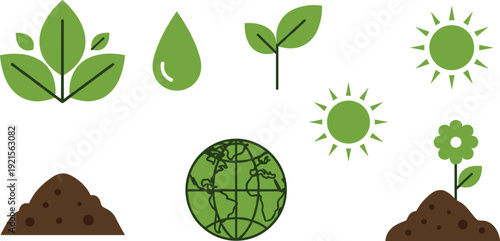 Ecology and green nature symbols set, flat vector illustrations with green earth globe, plant leaves, sun, soil piles and water drop isolated on white background.