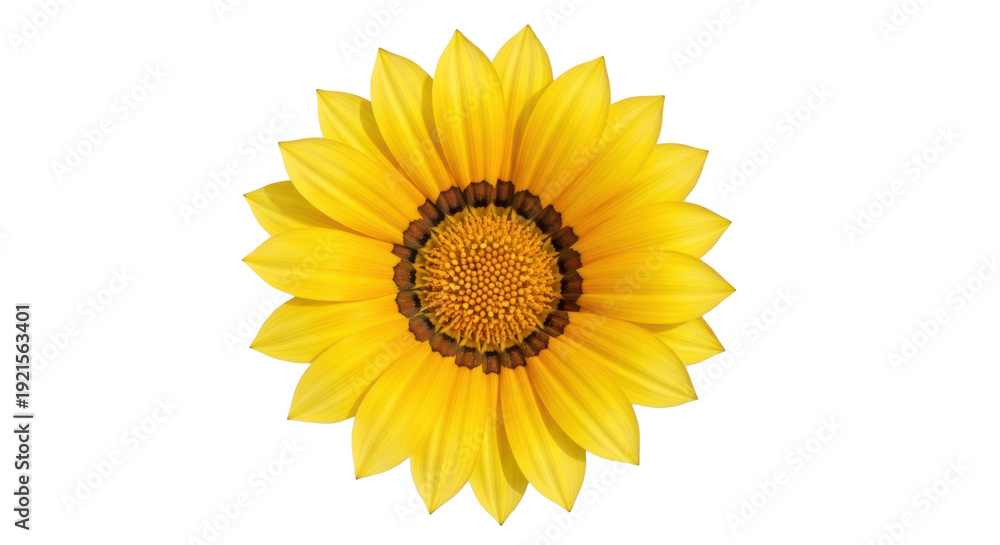 Naklejka premium Top view of a bright yellow Gazania daisy flower, full bloom. Isolated on transparent background, png