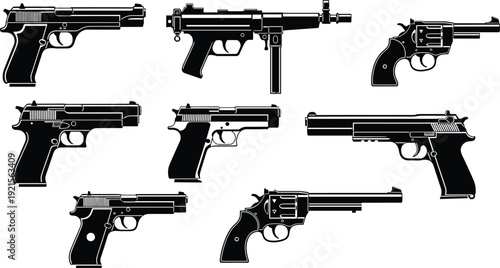 Handgun and Revolver Silhouette Collection Featuring Pistols and Firearms Vector Illustration Isolated on White Background for Military, Security and Graphic Design Use