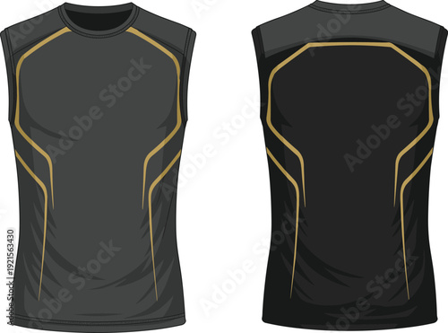 Black and Dark Grey Sleeveless Sports Shirt Mockup, Front and Back View Athletic Uniform CAD Drawing Flat Vector Illustration