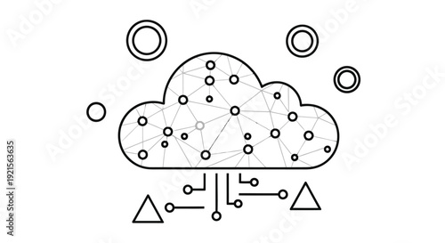Black and white illustration of a cloud with connected nodes and digital elements