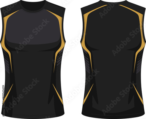 Black gold sleeveless sports jersey mockup, front and back view, modern athletic tank design, apparel cad drawing flat vector illustration