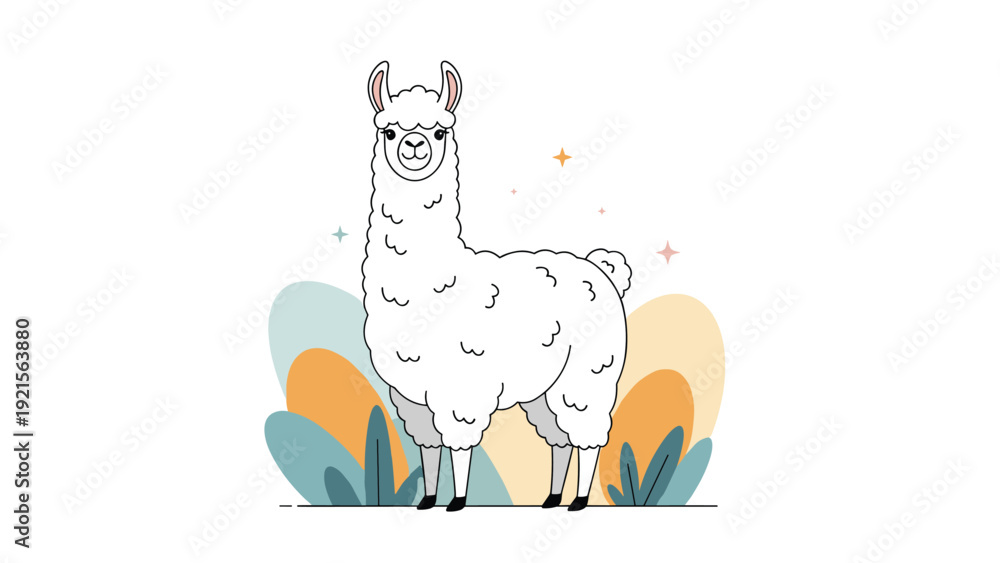 Naklejka premium Fluffy white llama standing in a magical garden with colorful plants and stars in a cute stylized vector character illustration.