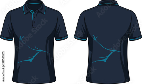 Navy polo shirt mockup, front and back view, minimal abstract blue line design, sportswear apparel cad drawing flat vector illustration