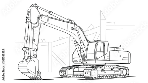 Detailed black and white line art illustration of a large hydraulic excavator standing on a construction site background.